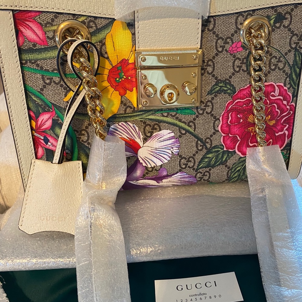✨NEW!✨GUCCI✨GG GUCCISSIMA SUPREME FLORA CANVAS & LEATHER PADLOCK CHAIN BAG - Picture 8 of 16
